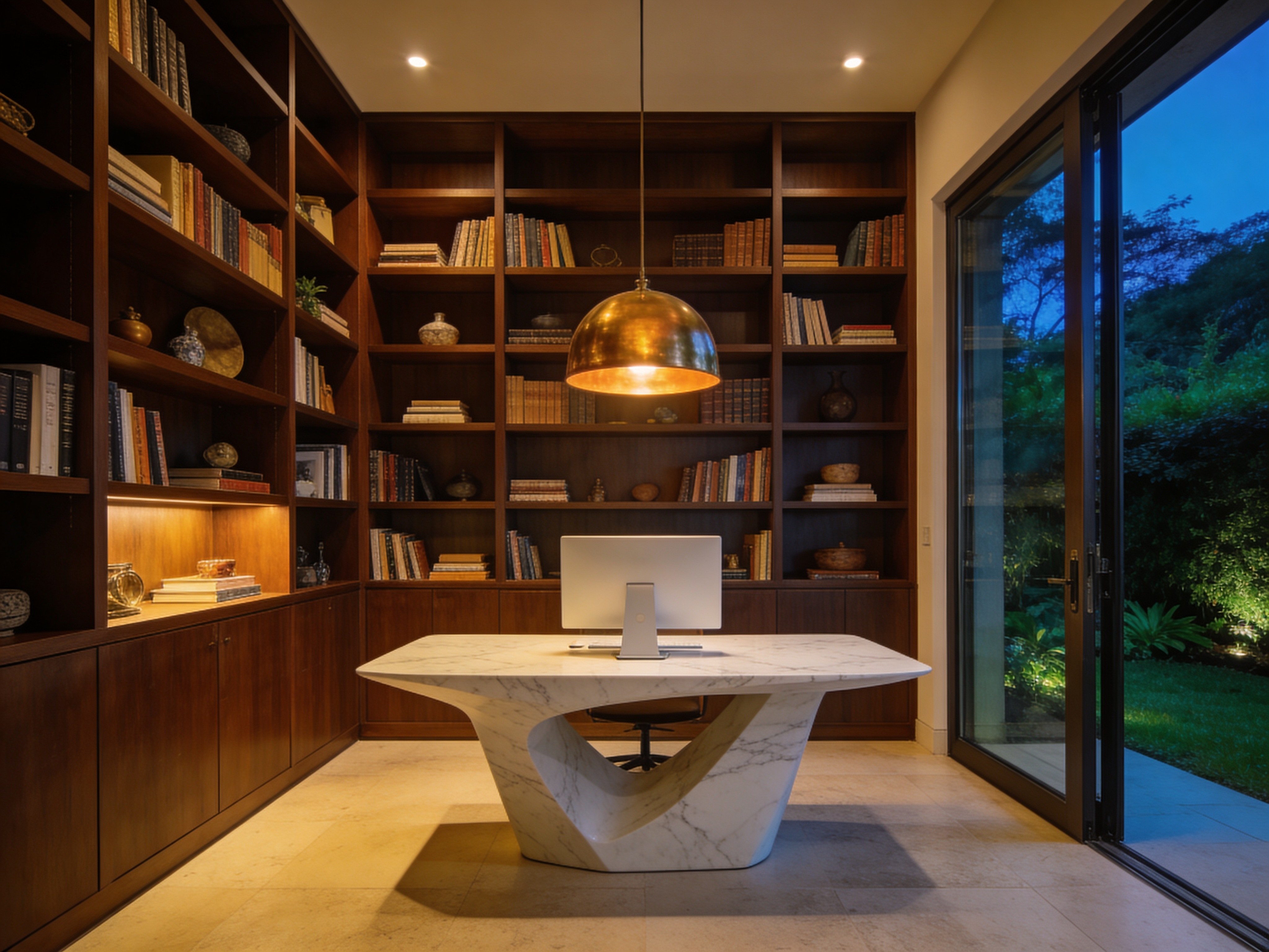 Home office refinado com estante em nogueira — projeto residencial